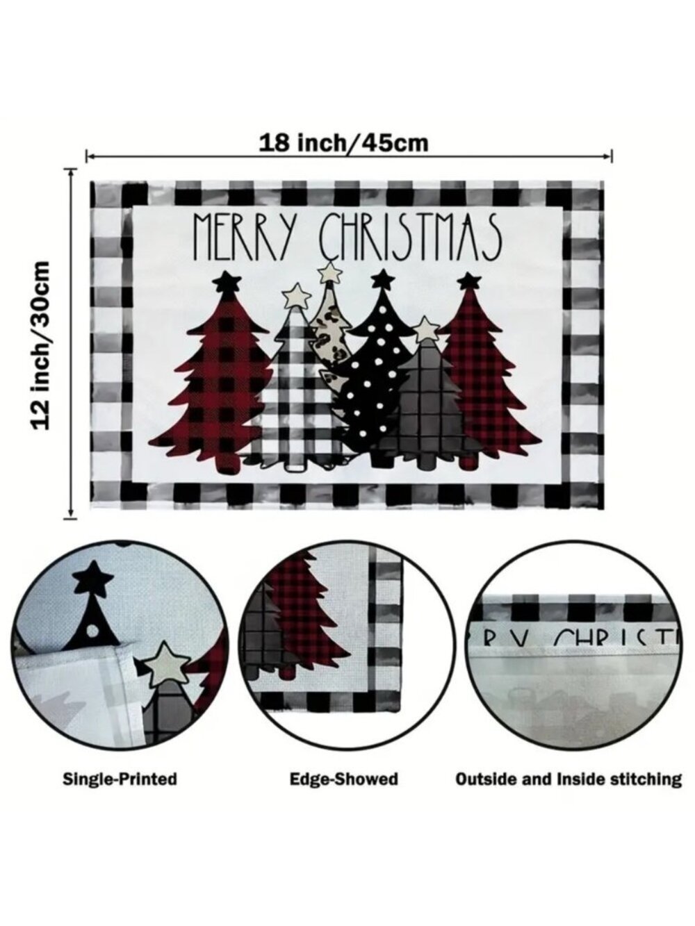 Christmas Placemats Trees Buffalo Plaid Placemats Black White 12 x 18 4 PC Set - Picture 2 of 16